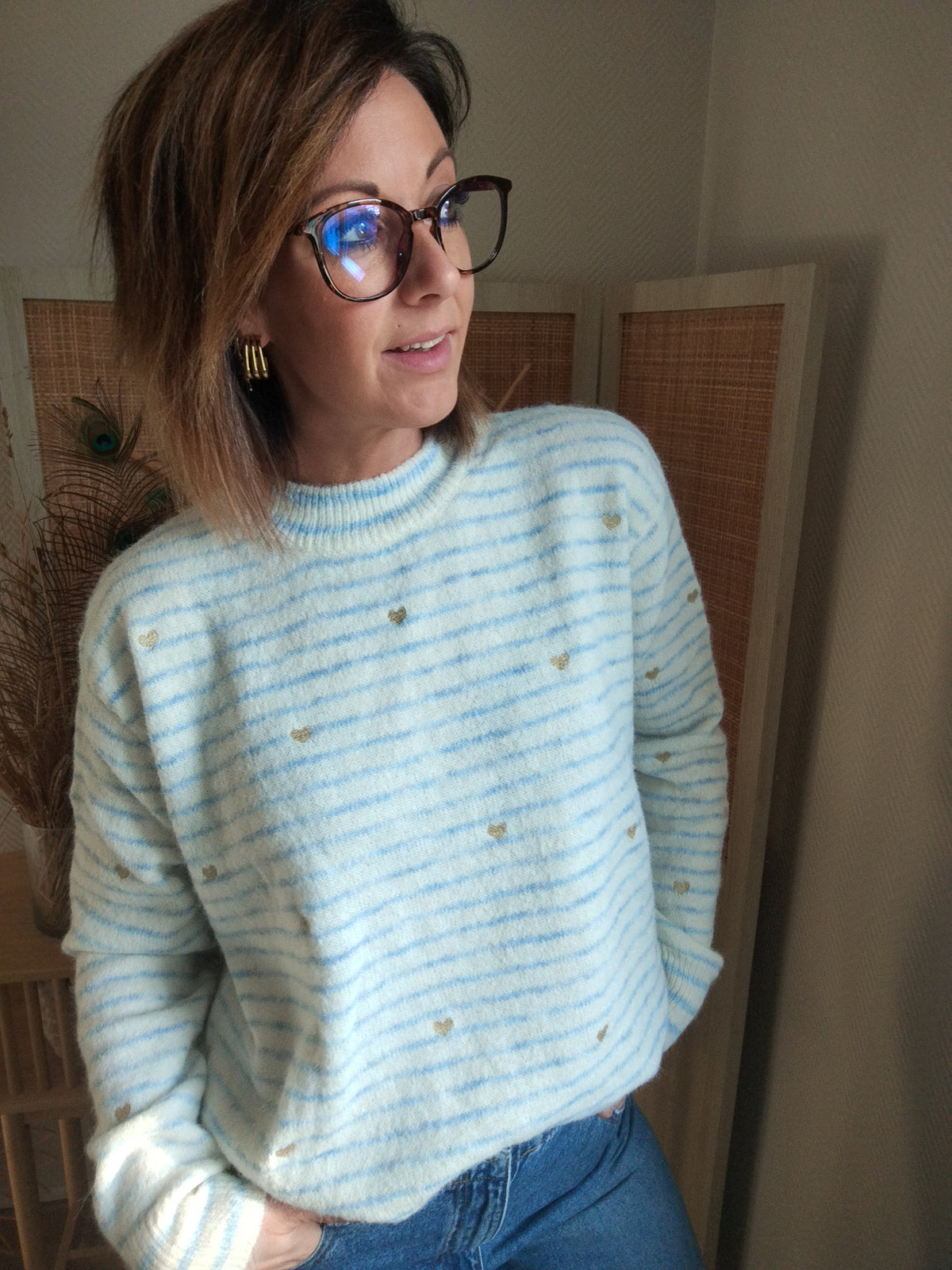 Pull femme Alma rayé bleu ciel à cœurs dorés S-XL | Le Studio de Lucie P