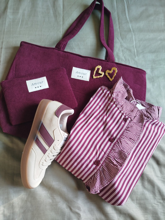 Chemise Thaïs rayée bordeaux à volants S/M M/L | Le Studio de Lucie P
