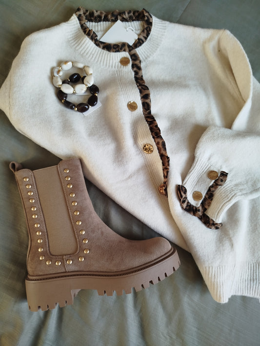 Gilet femme Zélie à détails léopard crème | Le Studio de Lucie P