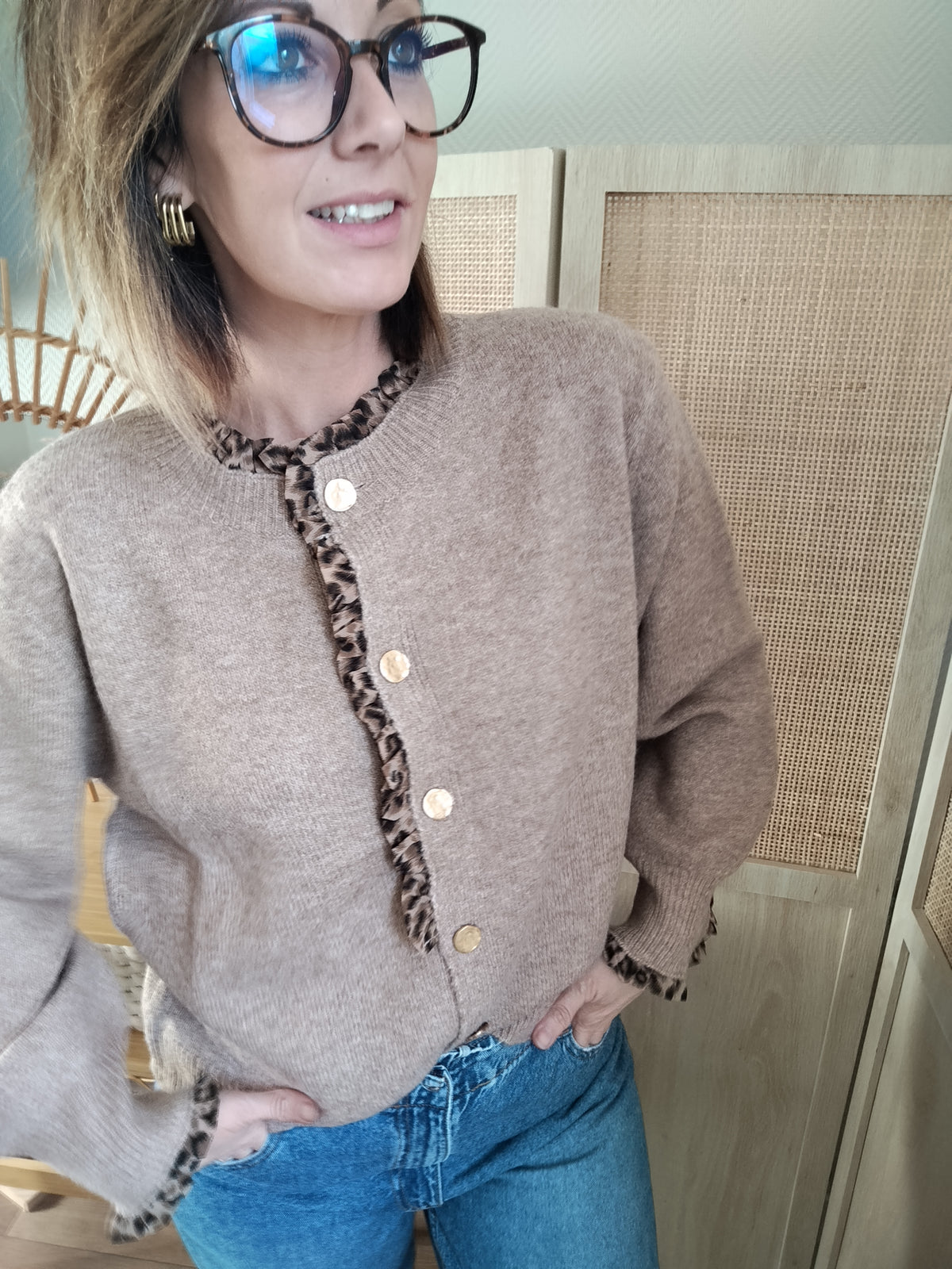 Gilet femme Zélie à détails léopard moka | Le Studio de Lucie P