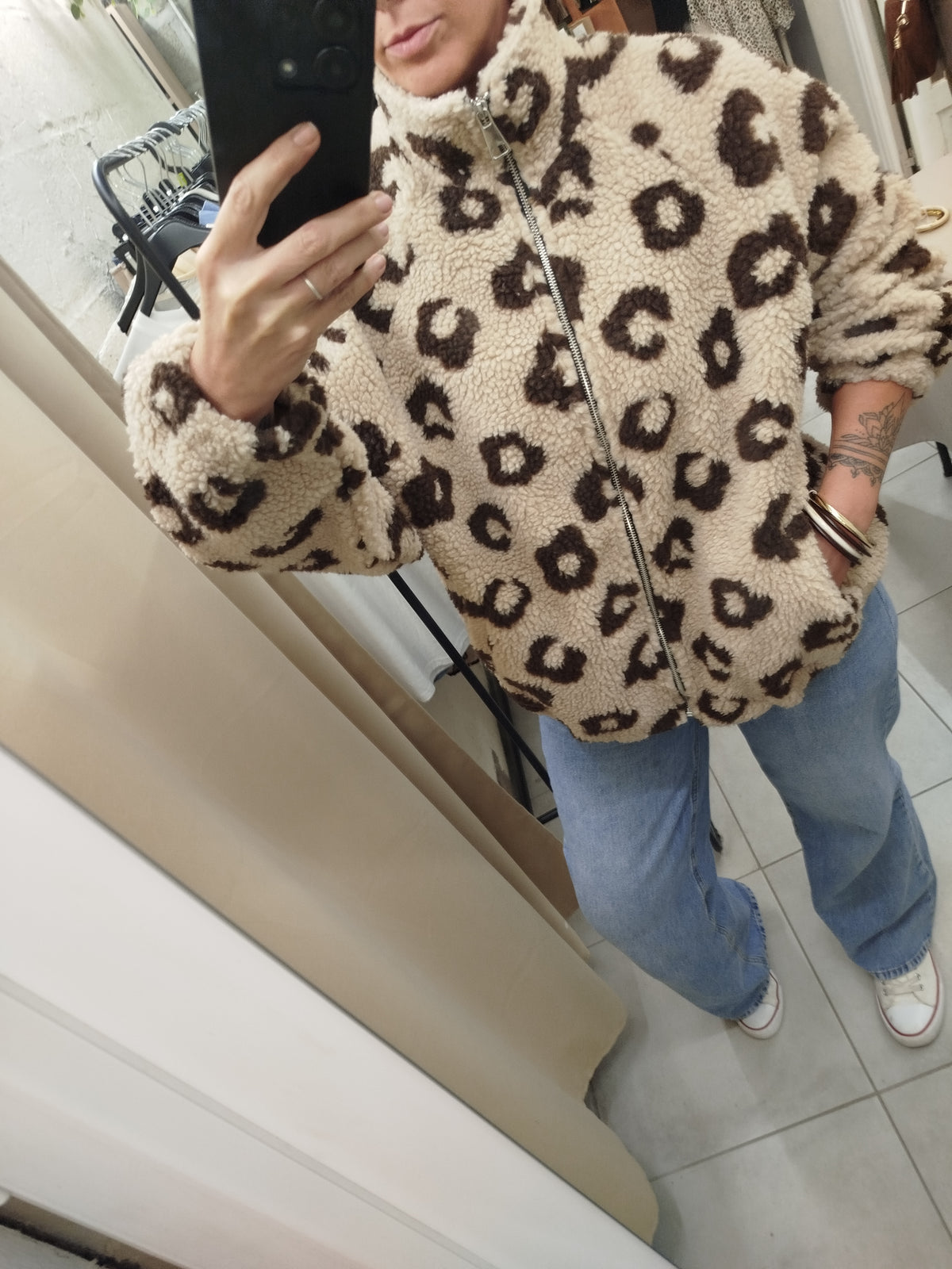 Veste Sherpa Motif léopard beige