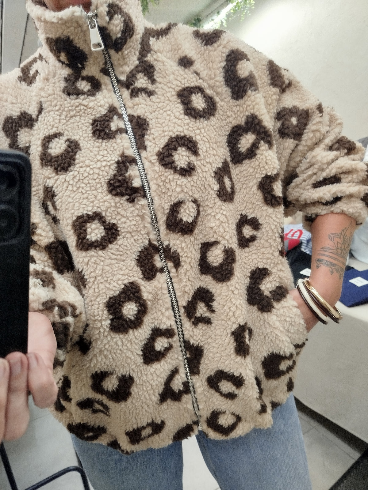 Veste Sherpa Motif léopard beige