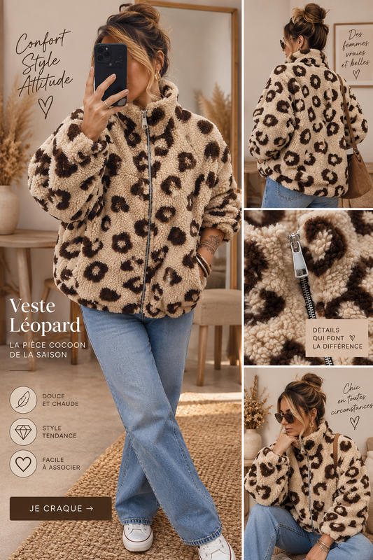 Veste Sherpa Motif léopard beige