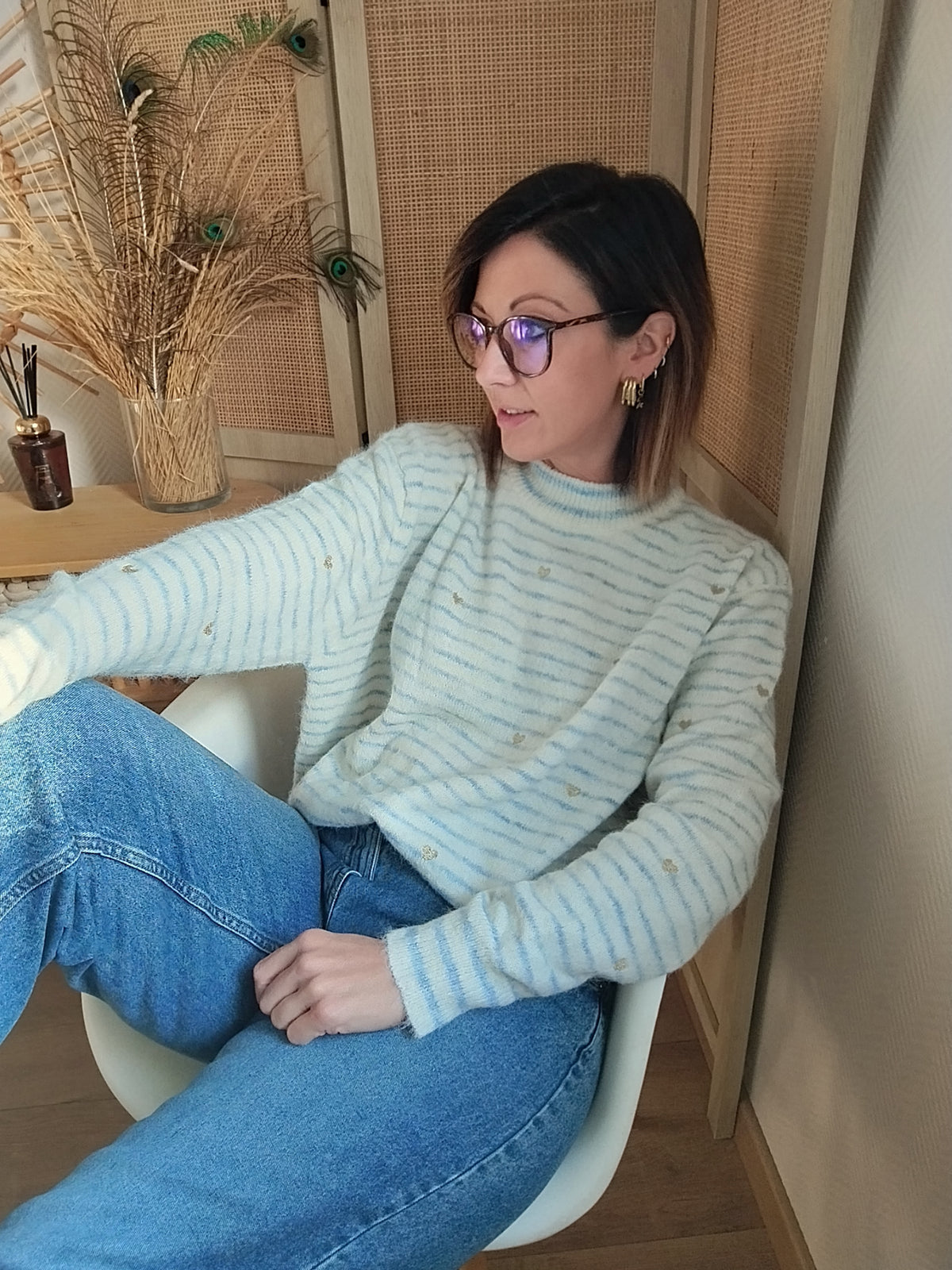 Pull femme Alma rayé bleu ciel à cœurs dorés S-XL | Le Studio de Lucie P