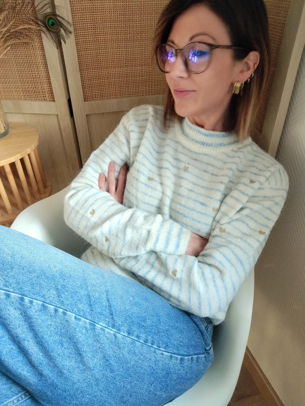 Pull femme Alma rayé bleu ciel à cœurs dorés S-XL | Le Studio de Lucie P