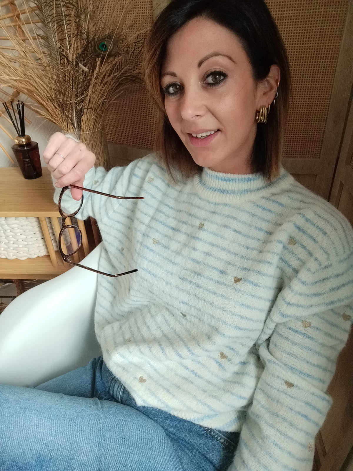 Pull femme Alma rayé bleu ciel à cœurs dorés S-XL | Le Studio de Lucie P
