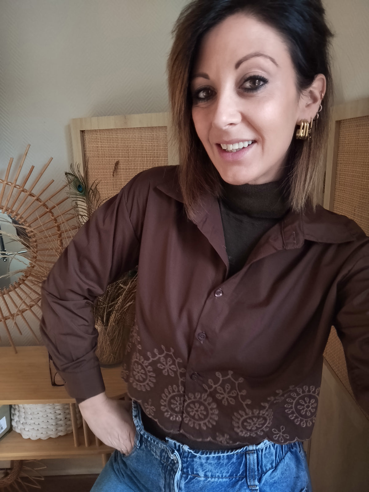 Chemisier court chocolat brodé Sasha S/M M/L | Le Studio de Lucie P