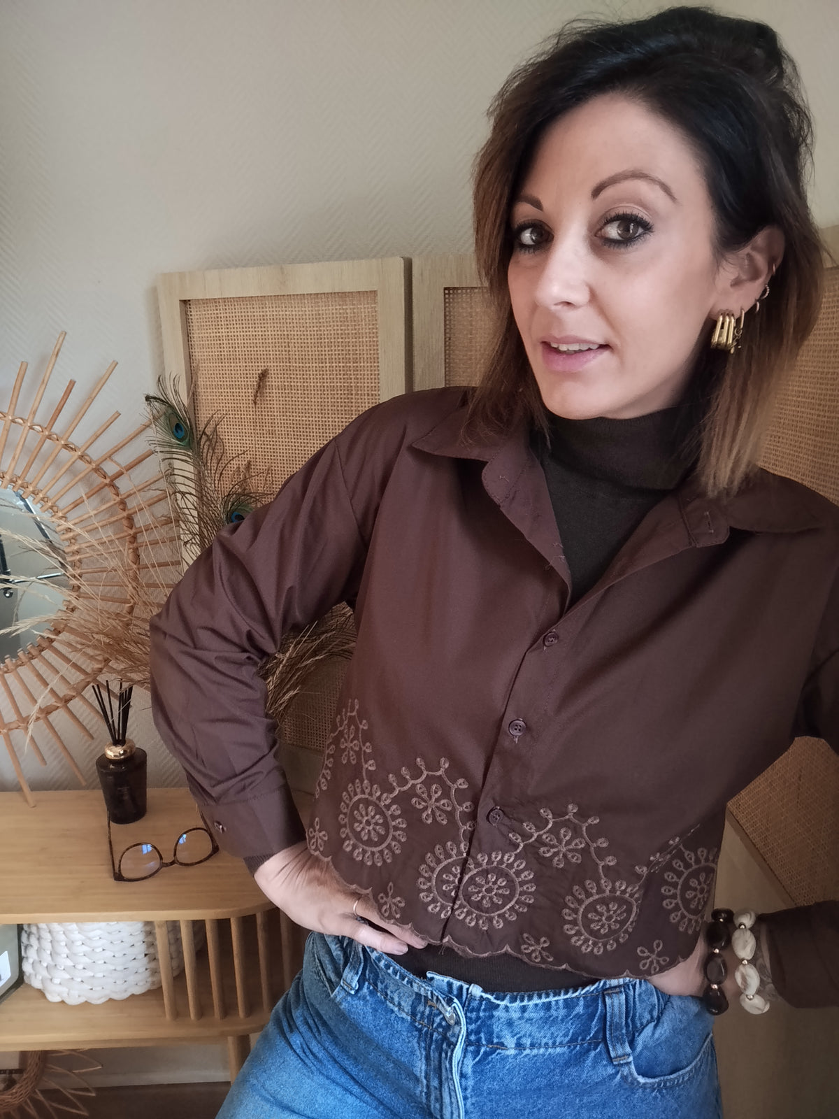 Chemisier court chocolat brodé Sasha S/M M/L | Le Studio de Lucie P
