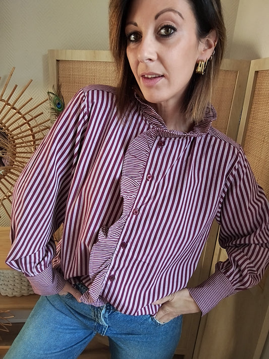 Chemise Thaïs rayée bordeaux à volants S/M M/L | Le Studio de Lucie P