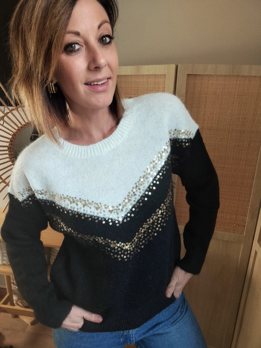 Pull femme Naya noir et écru à sequins dorés | Le Studio de Lucie P