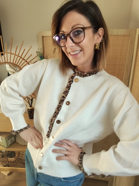 Gilet femme Zélie à détails léopard crème | Le Studio de Lucie P