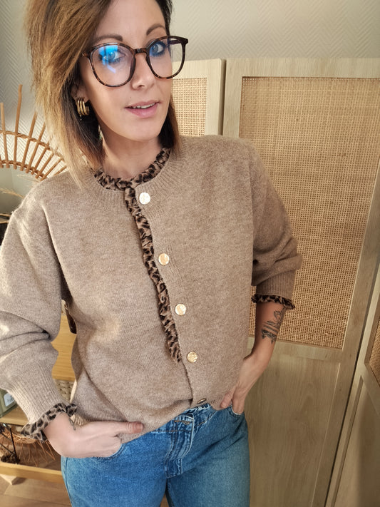 Gilet femme Zélie à détails léopard moka | Le Studio de Lucie P