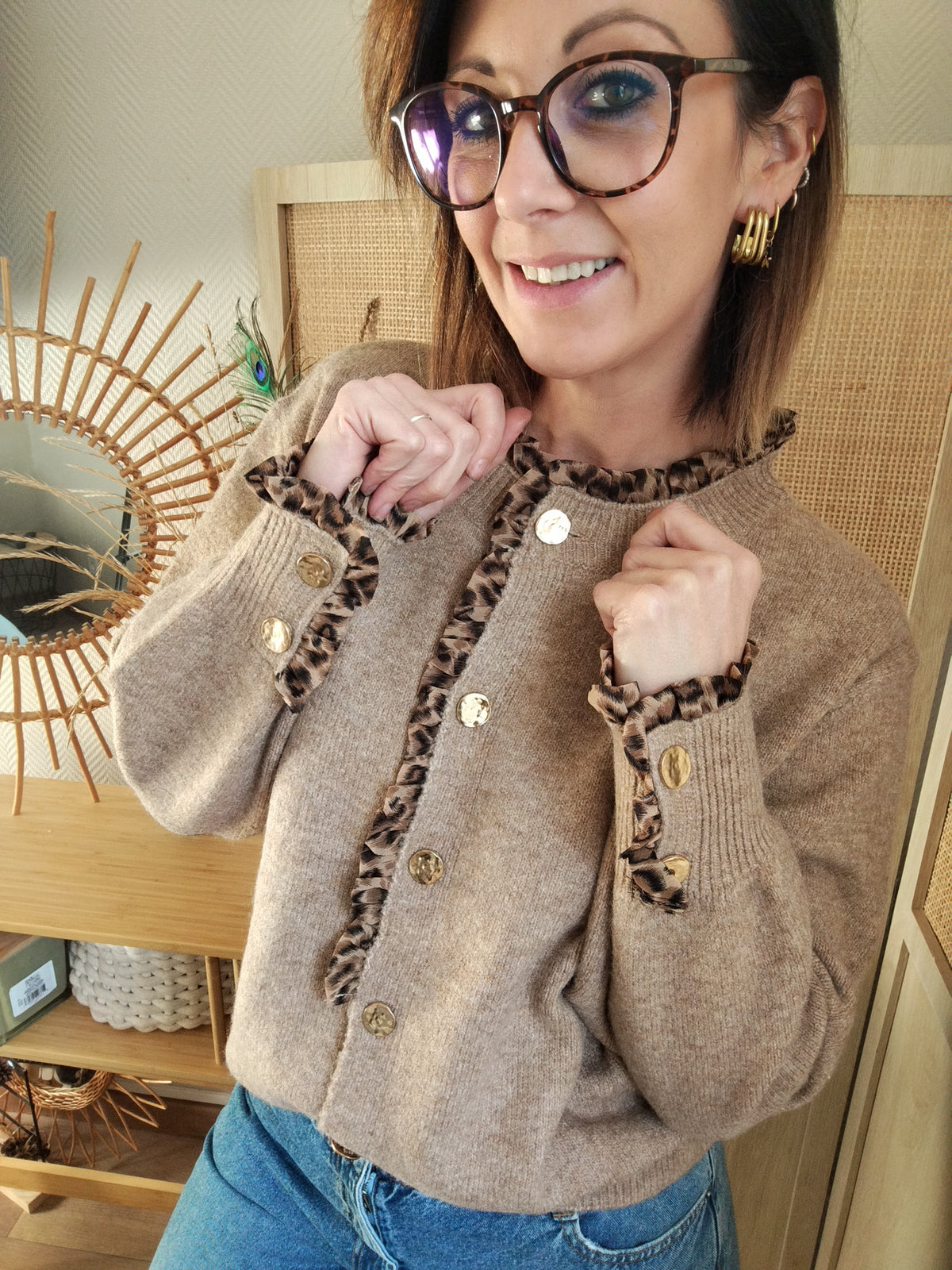 Gilet femme Zélie à détails léopard moka | Le Studio de Lucie P