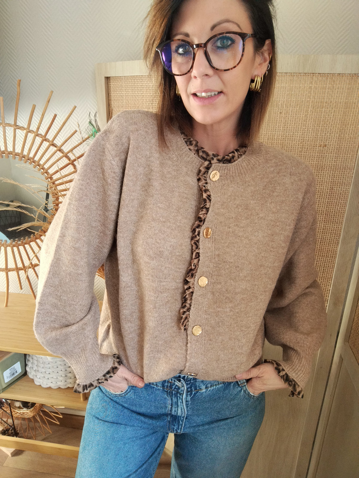 Gilet femme Zélie à détails léopard moka | Le Studio de Lucie P