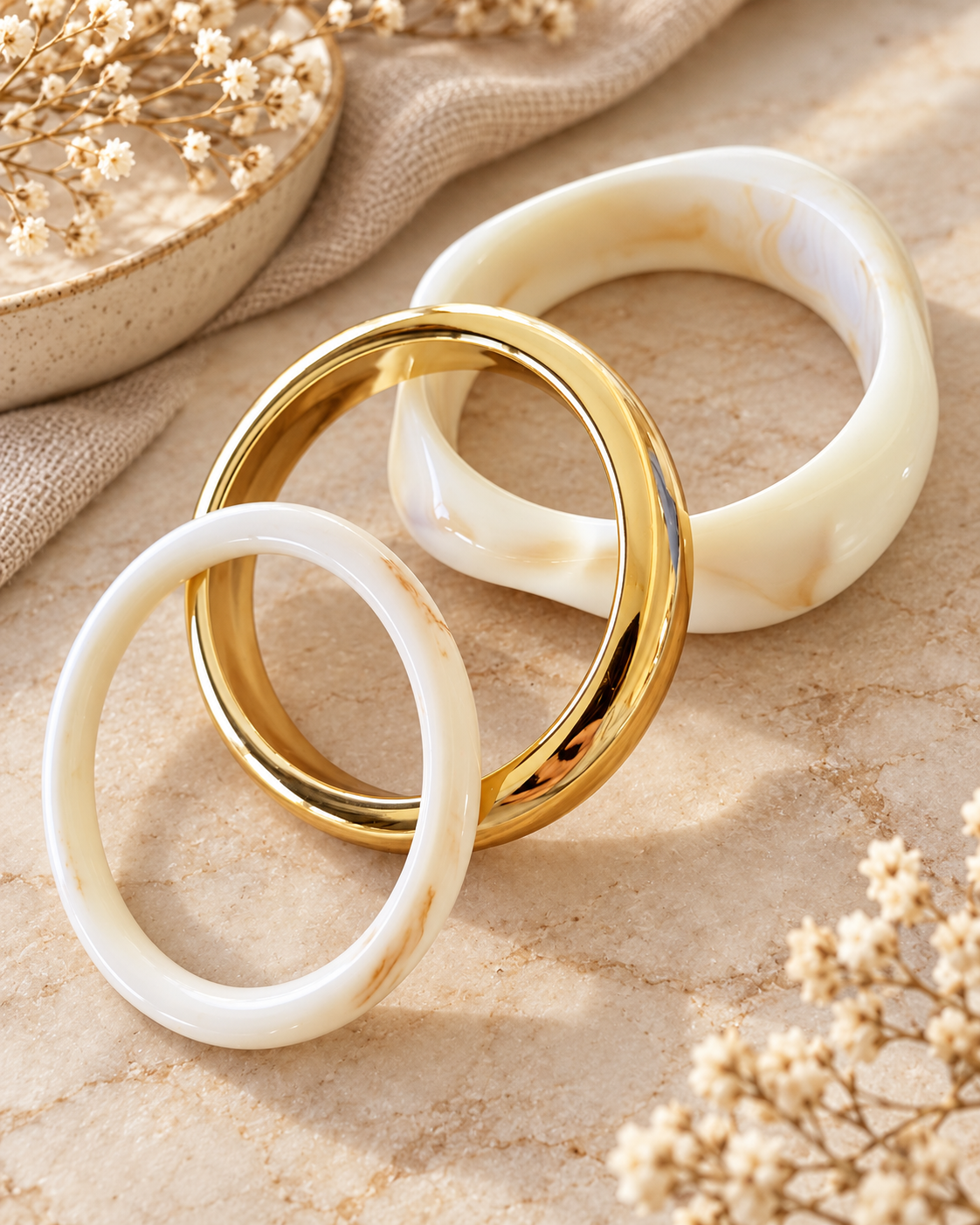 Trio de bracelets Alba crème et doré – Joncs femme