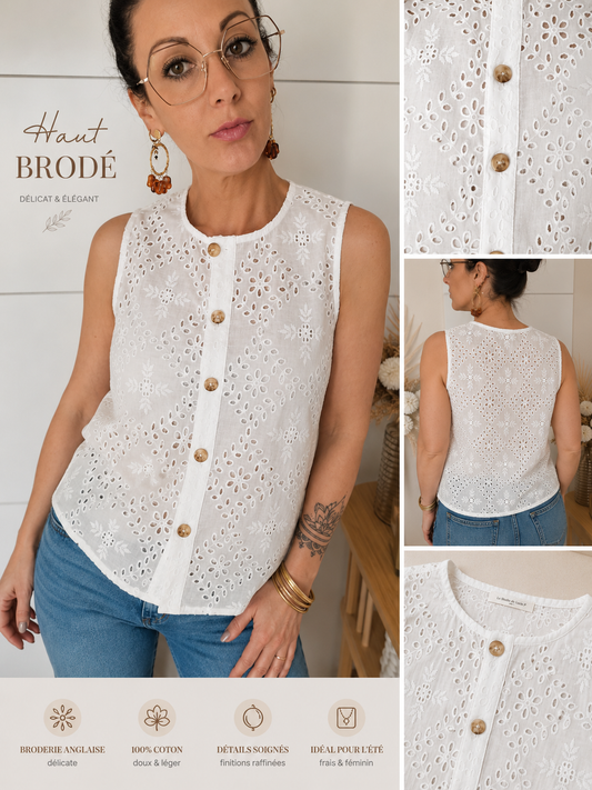 Blouse Albane- Blouse sans manches brodé
