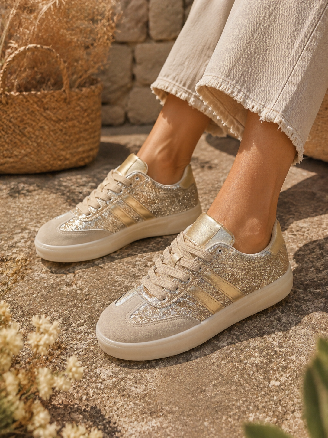 Basket Séraphine - basket plateforme beige et or