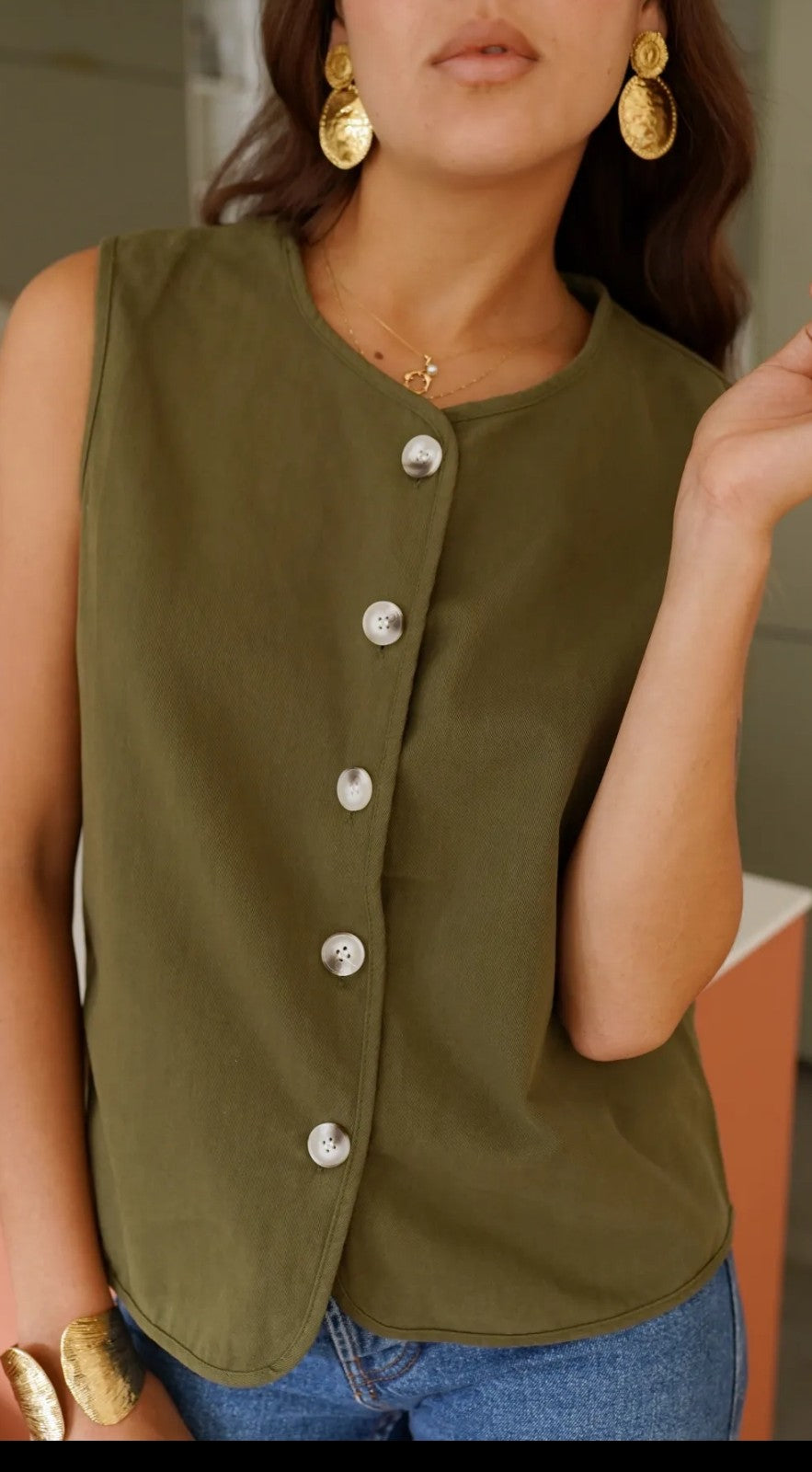 Blouse Talia- Blouse sans manches kaki en coton